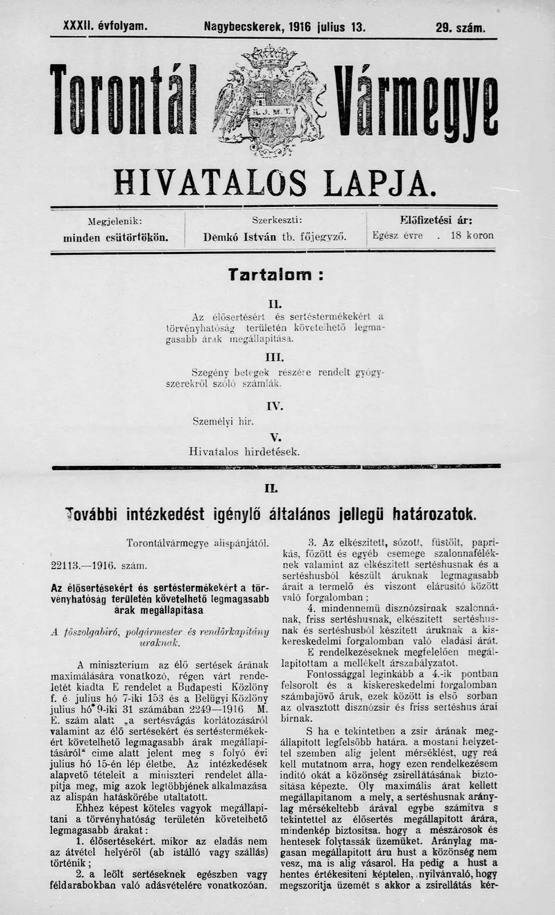 Torontál Vármegye Hivatalos Lapja, 32. évf. 1916. július 13. 29. sz.