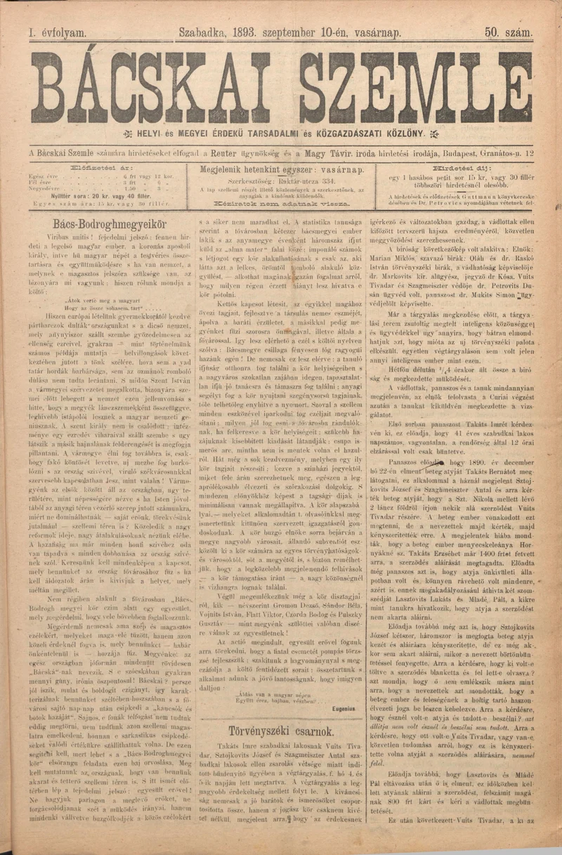 Bácskai Szemle, 1. évf. 1893. szeptember 10. 50. sz.
