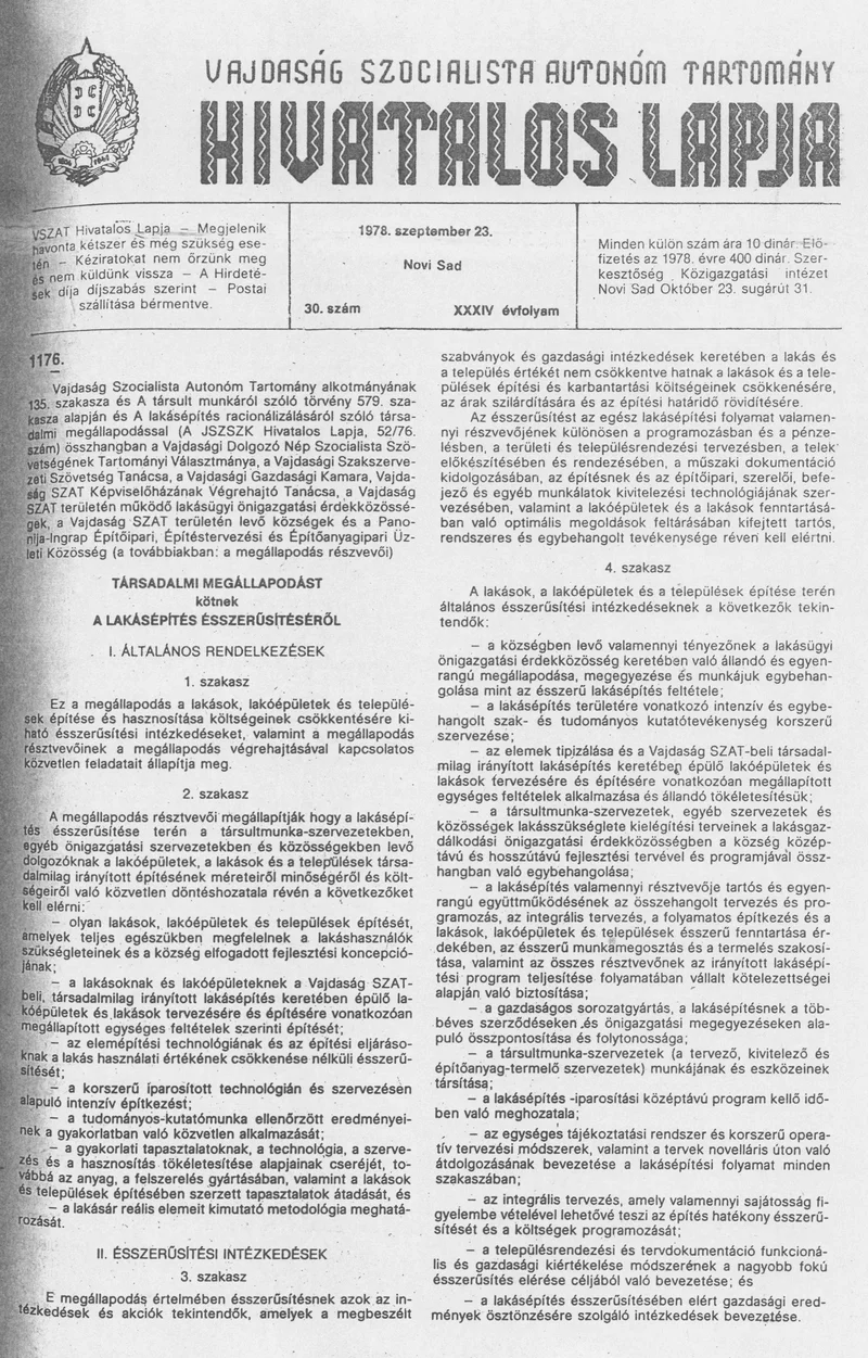 Vajdaság Szocialista Autonóm Tartomány Hivatalos Lapja, 34. évf. 1978. szeptember 23. 30. sz. 1333–1372. oldal