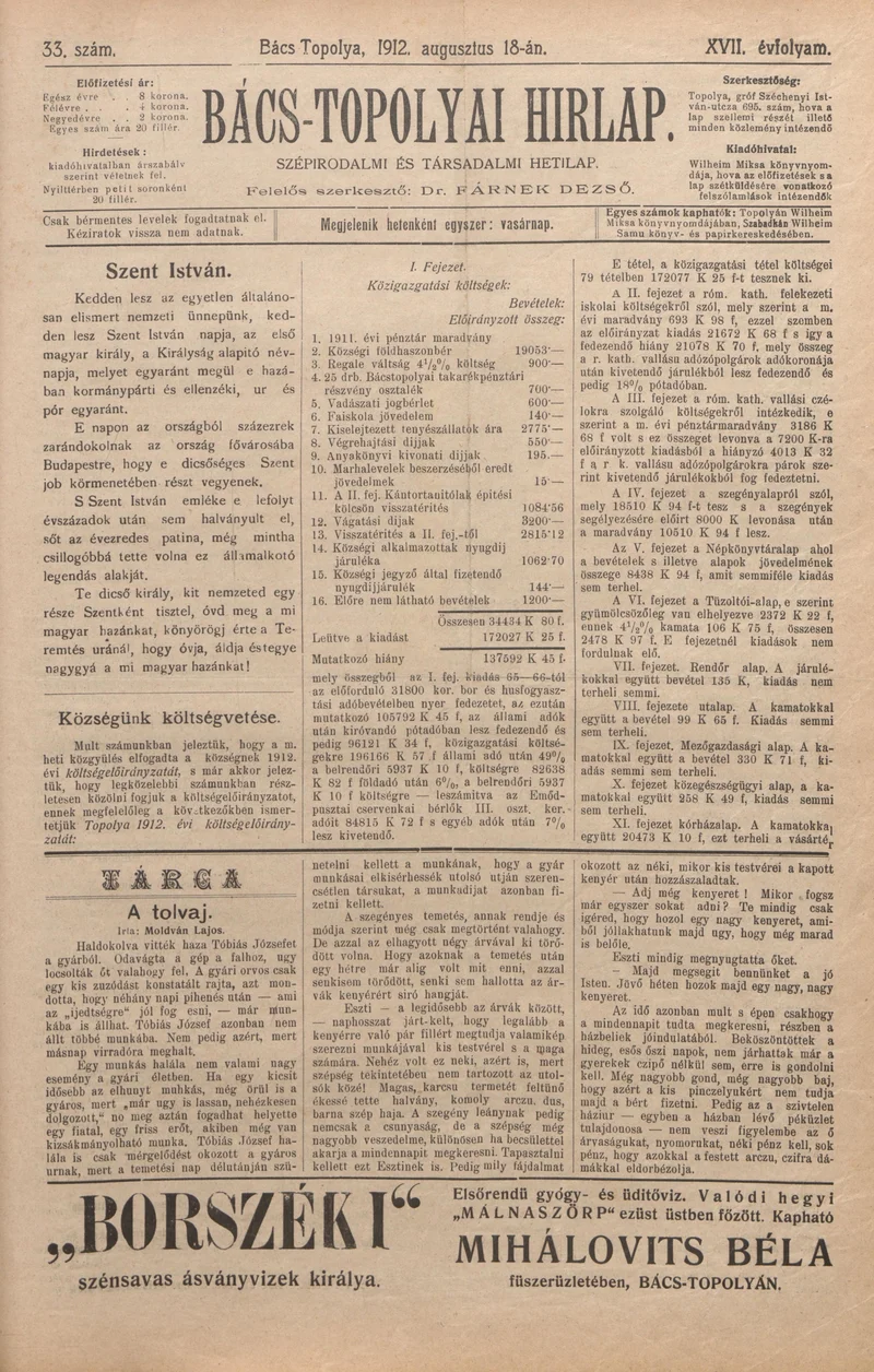 Bács-Topolyai Hirlap, 17. évf. 1912. augusztus 18. 33. sz.