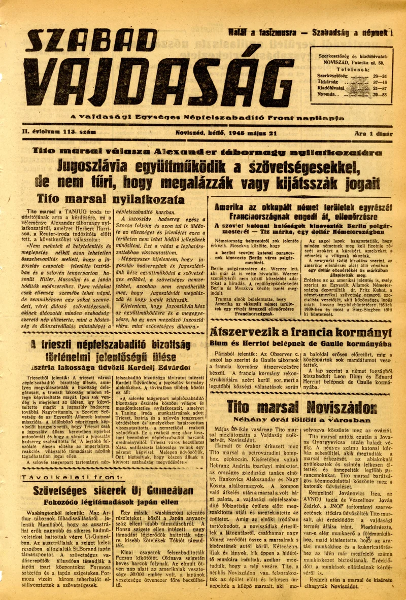Szabad Vajdaság, 2. évf. 1945. május 21. 113. sz.