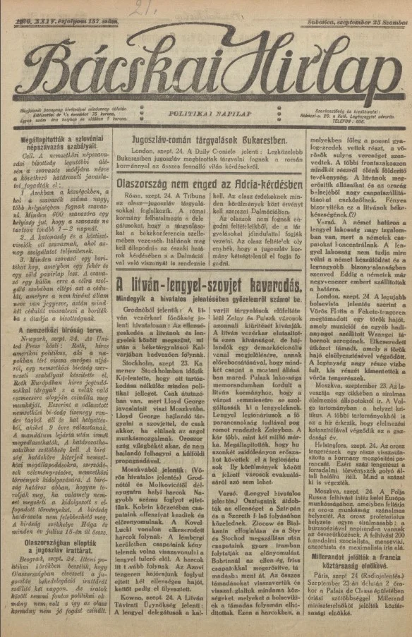 Bácskai Hirlap, 24. évf. 1920. szeptember 25. 157. sz.