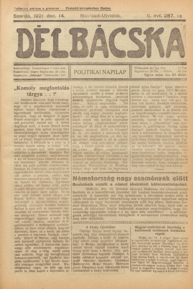 Délbácska, 2. évf. 1921. december 14. 287. sz.