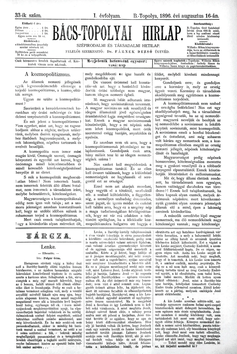 Bács-Topolyai Hirlap, 1. évf. 1896. augusztus 16. 33. sz.