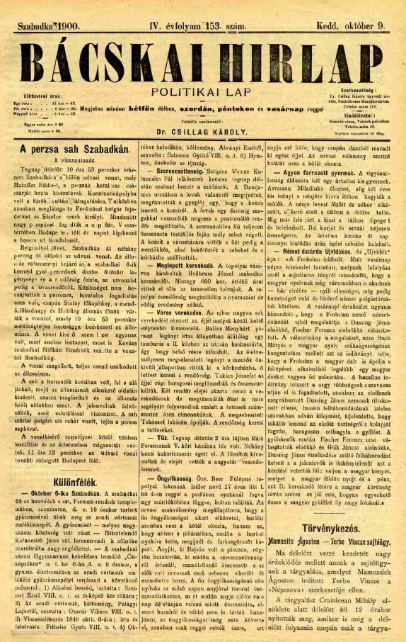 Bácskai Hirlap, 4. évf. 1900. október 9. 153. sz.