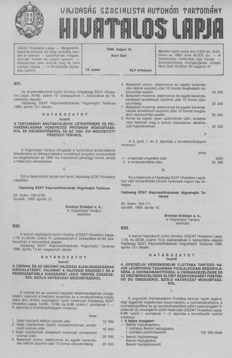 Vajdaság Szocialista Autonóm Tartomány Hivatalos Lapja, 45. évf. 1989. május 10. 13. sz.