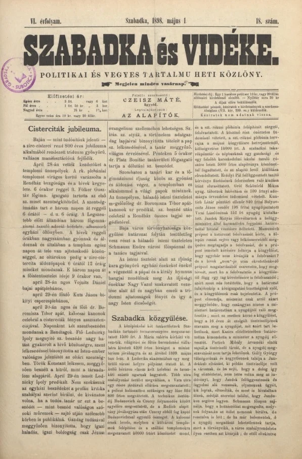 Szabadka és vidéke II, 6. évf. 1898. május 1. 18. sz.