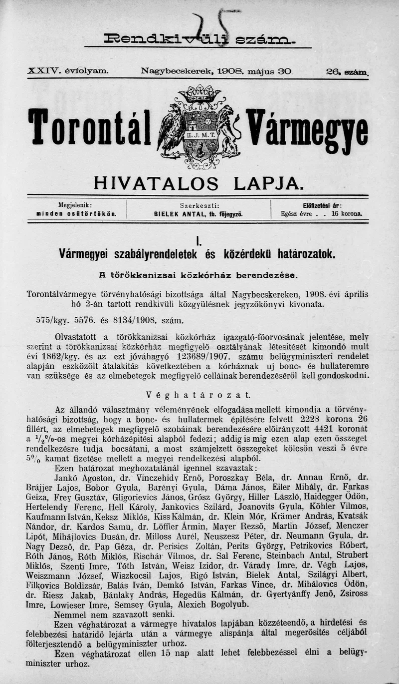 Torontál Vármegye Hivatalos Lapja, 24. évf. 1908. május 30. 26. sz.