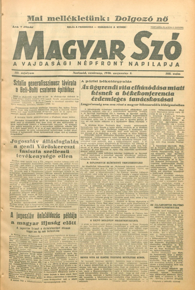 Magyar Szó, 3. évf. 1946. augusztus 4. 183. sz. 1–8. oldal