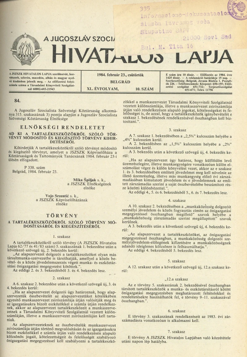 A Jugoszláv Szocialista Szövetségi Köztársaság Hivatalos Lapja, 40. évf. 1984. február 23. 10. sz. 395–405. oldal