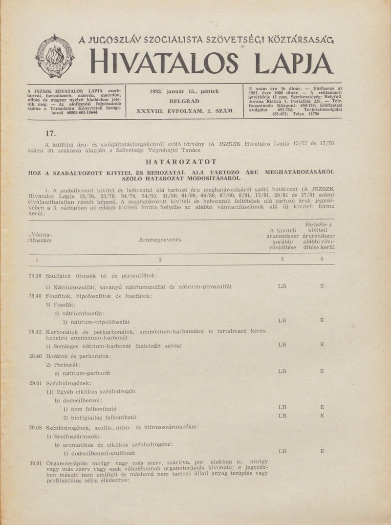A Jugoszláv Szocialista Szövetségi Köztársaság Hivatalos Lapja, 38. évf. 1982. január 15. 2. sz. 45–76. oldal