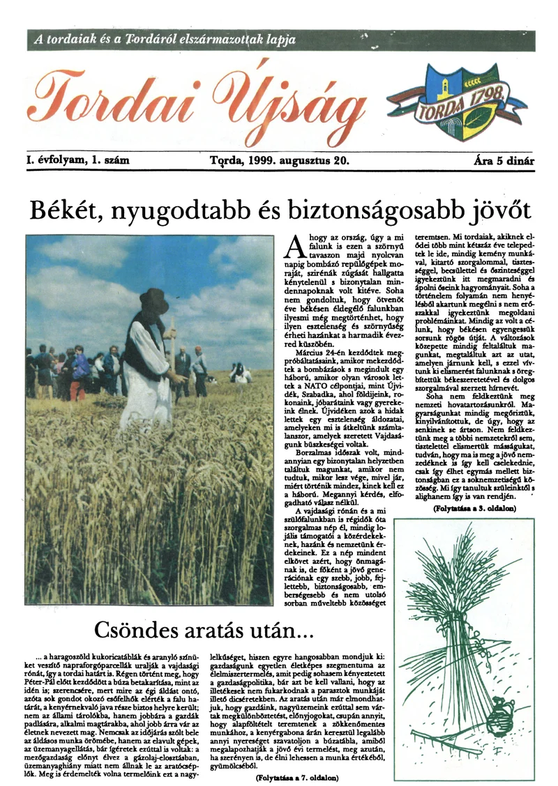 Tordai Újság, 2. évf. 1999. augusztus 20. 2. sz. 1–16. oldal