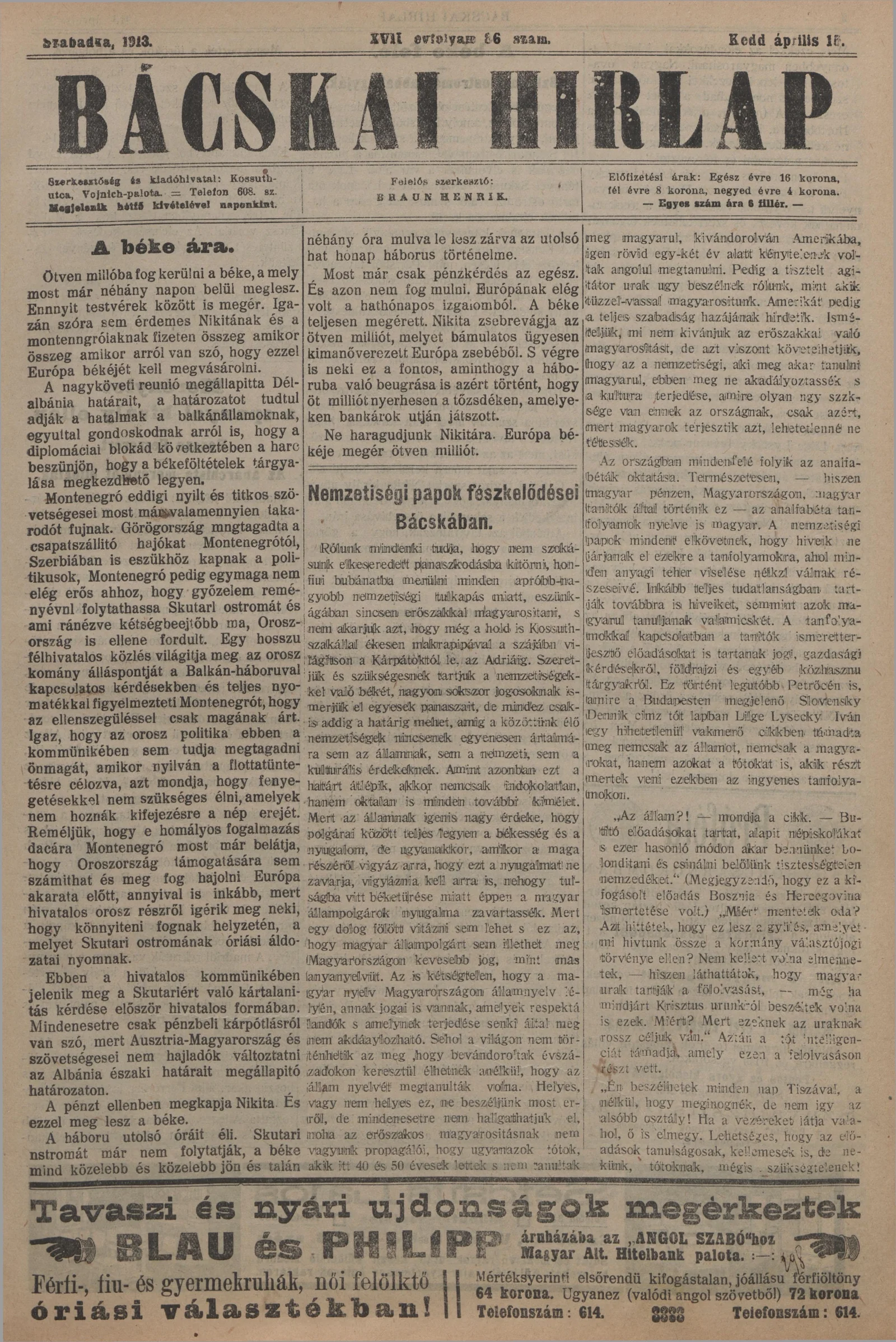 Bácskai Hirlap, 17. évf. 1913. április 15. 86. sz.