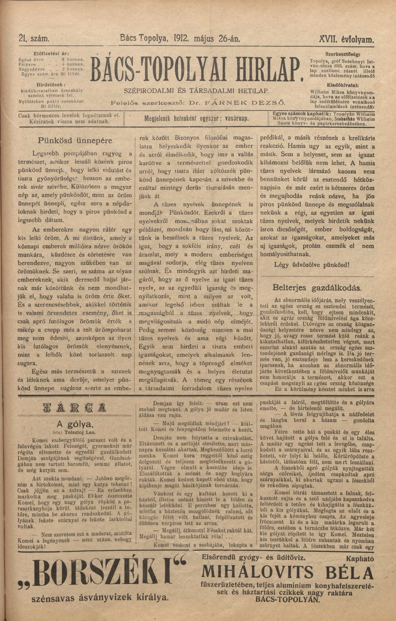 Bács-Topolyai Hirlap, 17. évf. 1912. május 26. 21. sz.