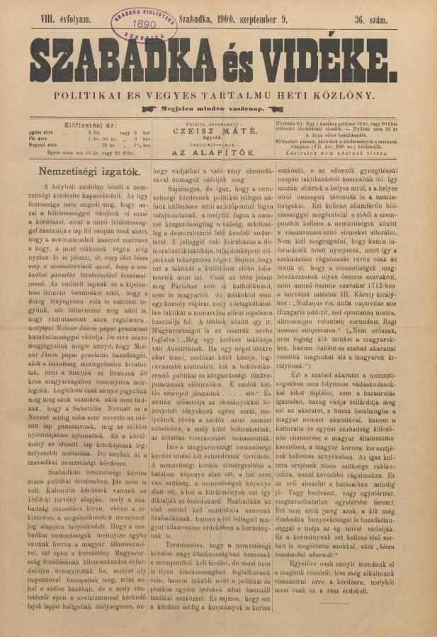 Szabadka és vidéke II, 8. évf. 1900. szeptember 9. 36. sz.