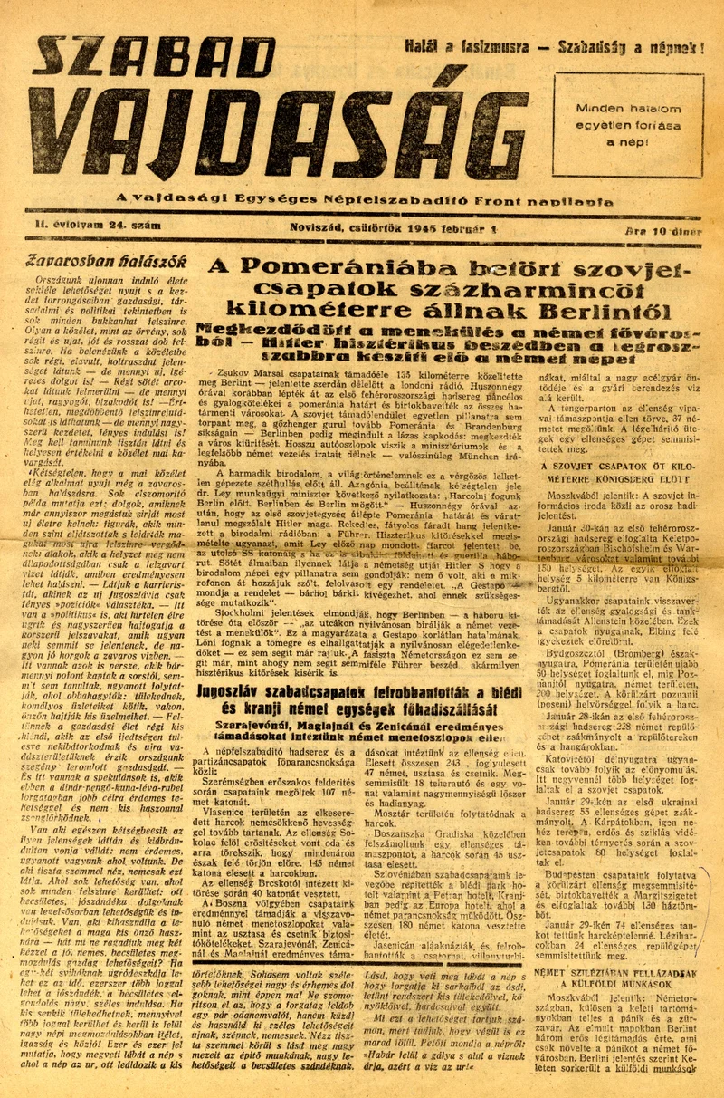 Szabad Vajdaság, 2. évf. 1945. február 1. 24. sz.
