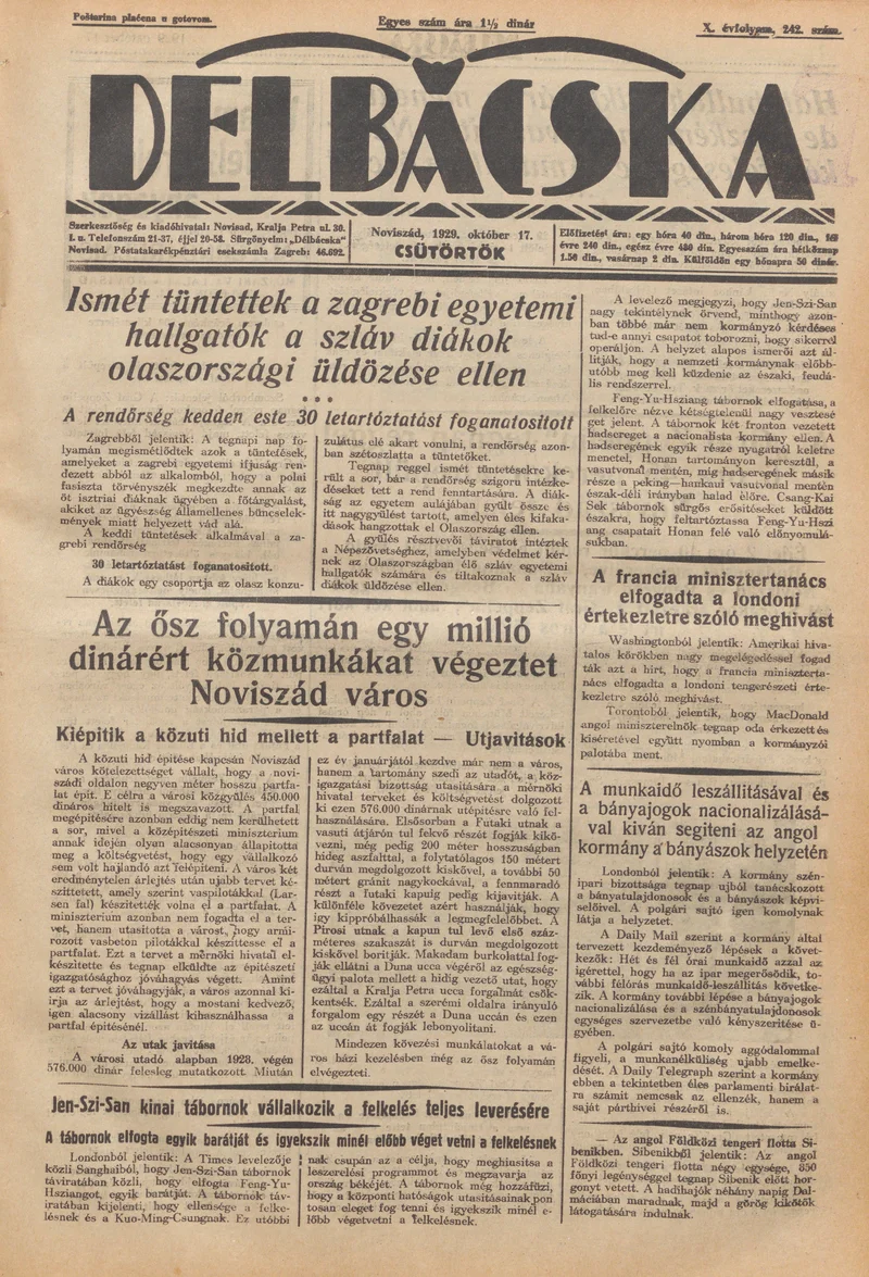 Délbácska, 10. évf. 1929. október 17. 242. sz.