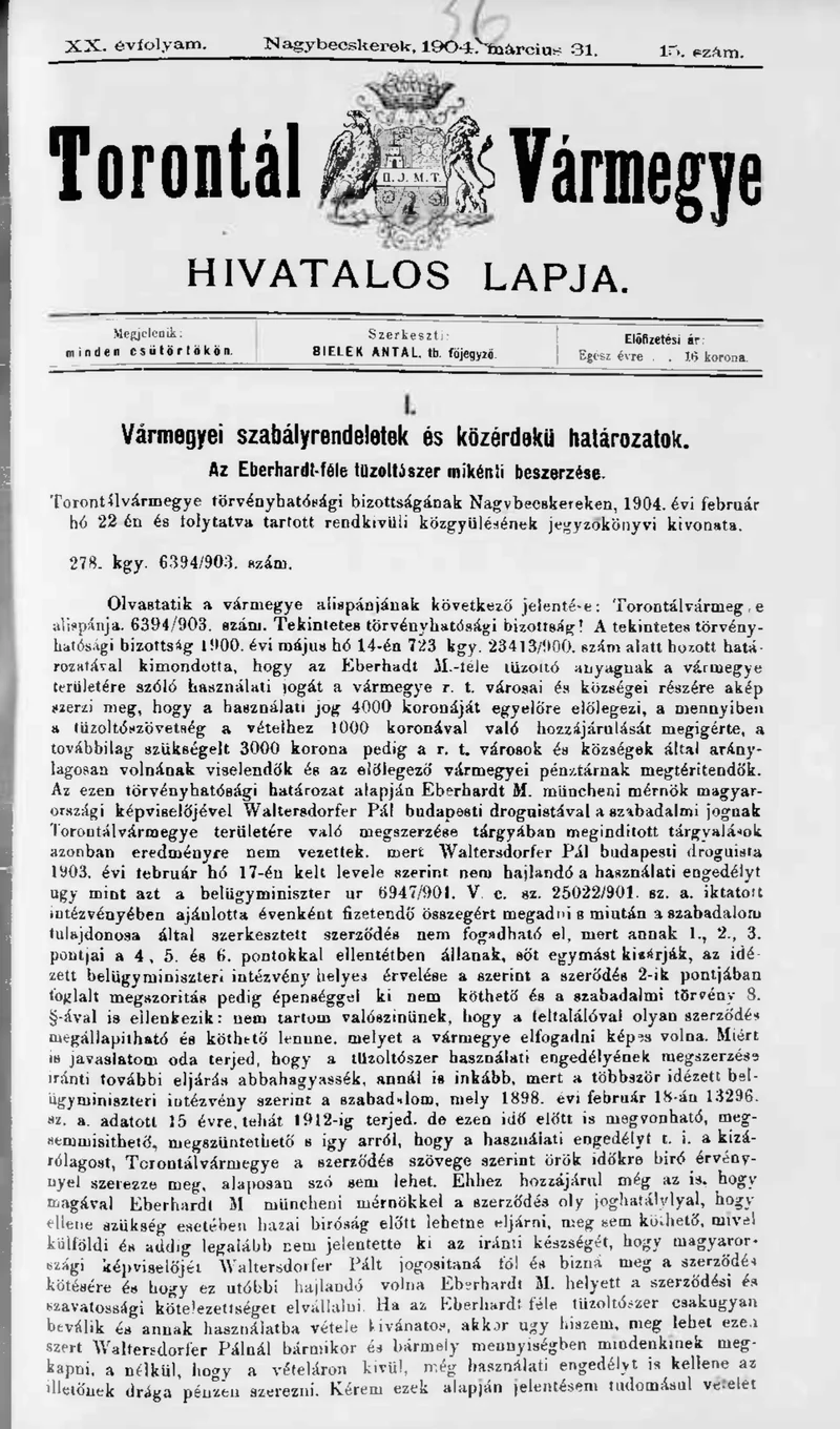 Torontál Vármegye Hivatalos Lapja, 20. évf. 1904. március 31. 15. sz.