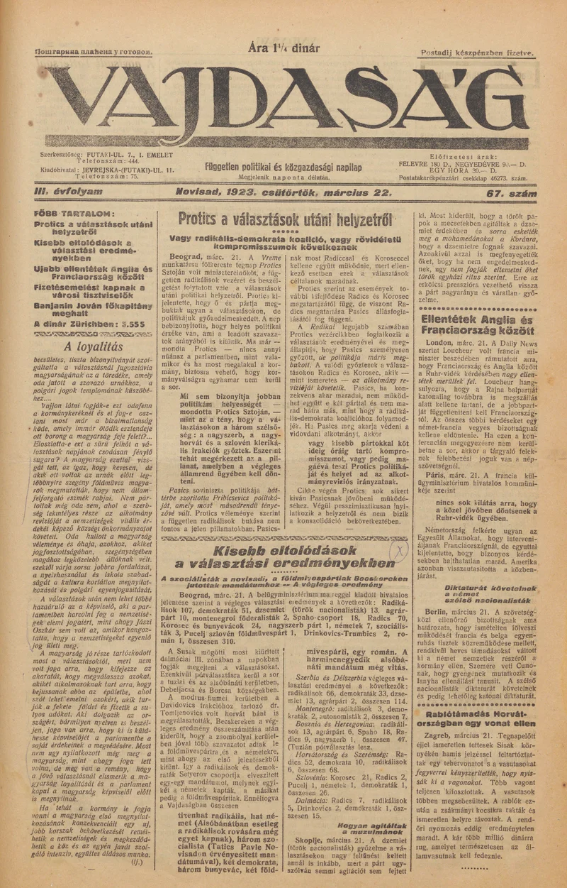 Vajdaság, 3. évf. 1923. március 22. 67. sz.