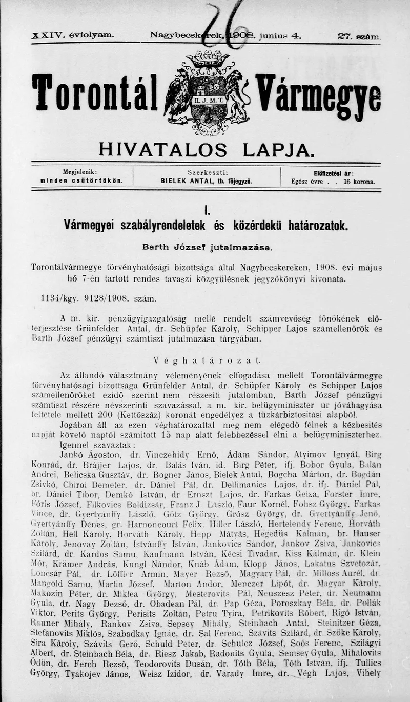 Torontál Vármegye Hivatalos Lapja, 24. évf. 1908. június 4. 27. sz.