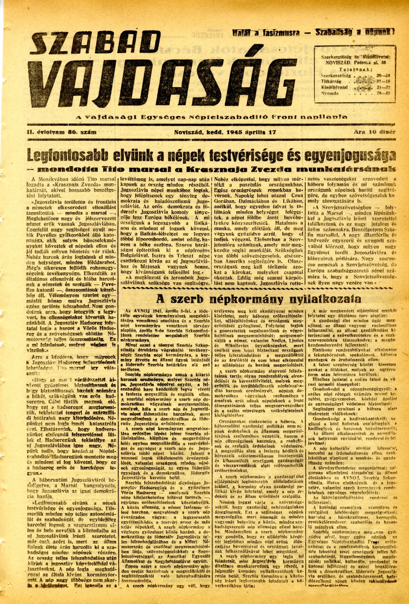 Szabad Vajdaság, 2. évf. 1945. április 17. 86. sz.