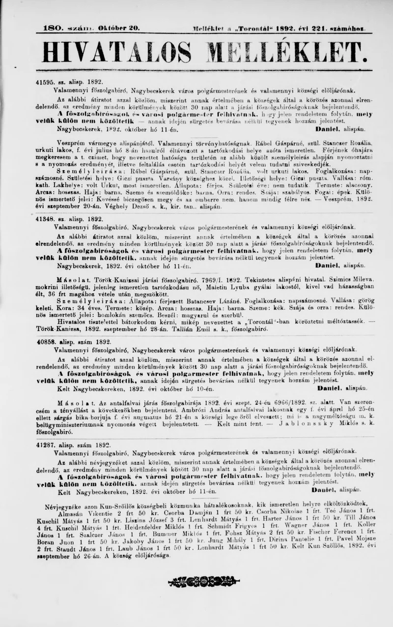 A Totontál  hivatalos melléklete, 5. évf. 1892. október 20. 180. sz.