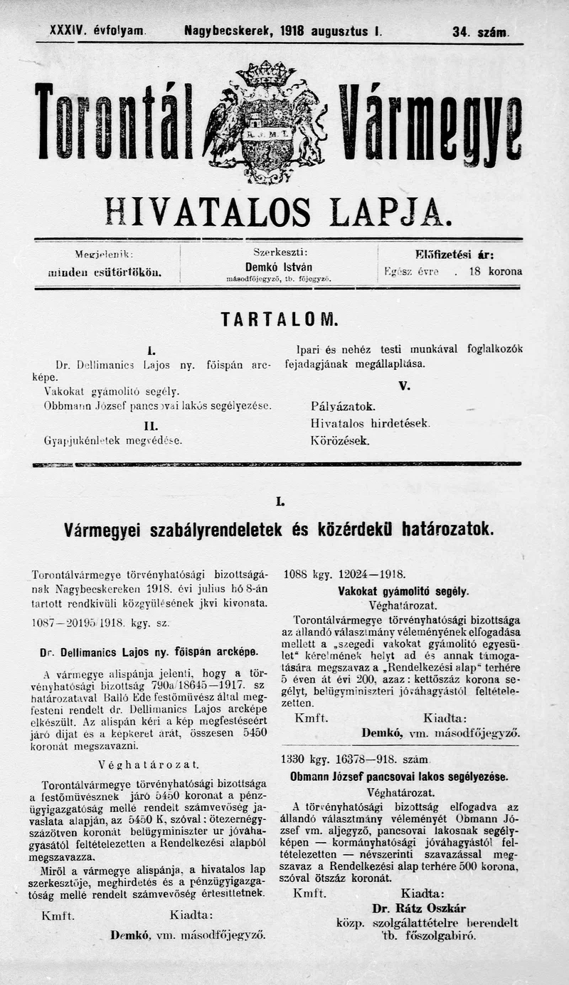 Torontál Vármegye Hivatalos Lapja, 34. évf. 1918. augusztus 1. 34. sz.