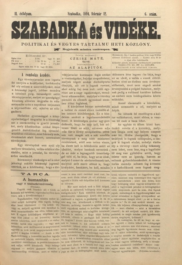 Szabadka és vidéke II, 2. évf. 1894. február 12. 6. sz.