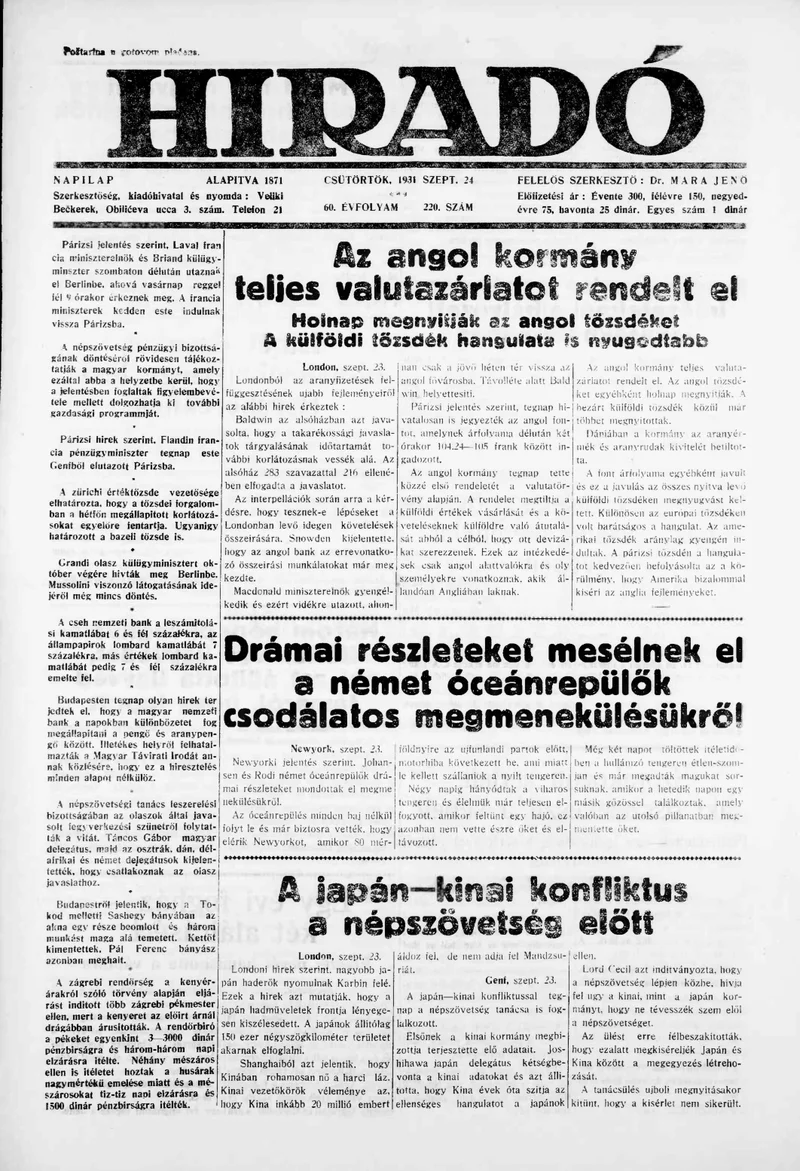 Híradó, 60. évf. 1931. szeptember 24. 220. sz.