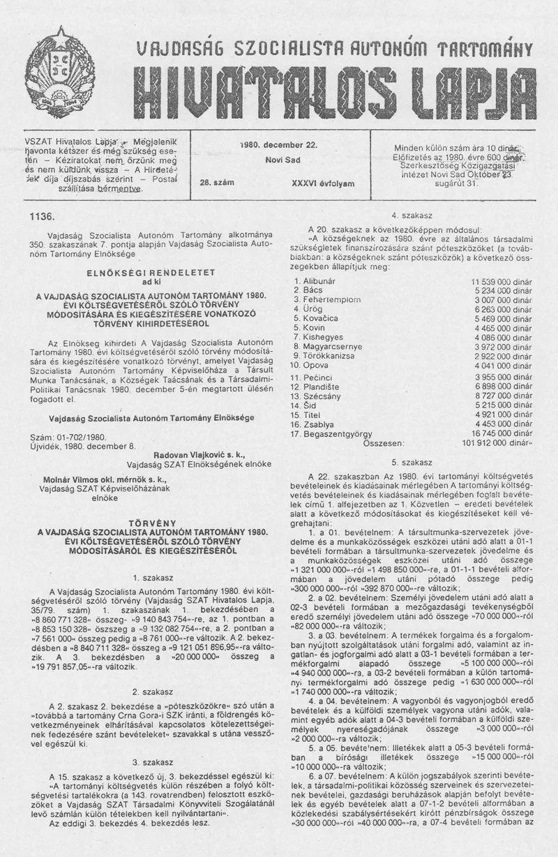 Vajdaság Szocialista Autonóm Tartomány Hivatalos Lapja, 36. évf. 1980. december 22. 28. sz. 1251–1274. oldal