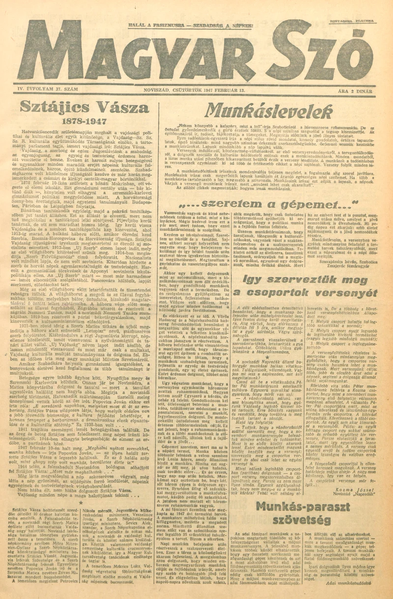 Magyar Szó, 4. évf. 1947. február 13. 37. sz. 1–8. oldal