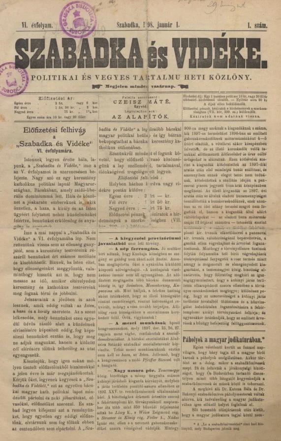 Szabadka és vidéke II, 6. évf. 1898. január 1. 1. sz.