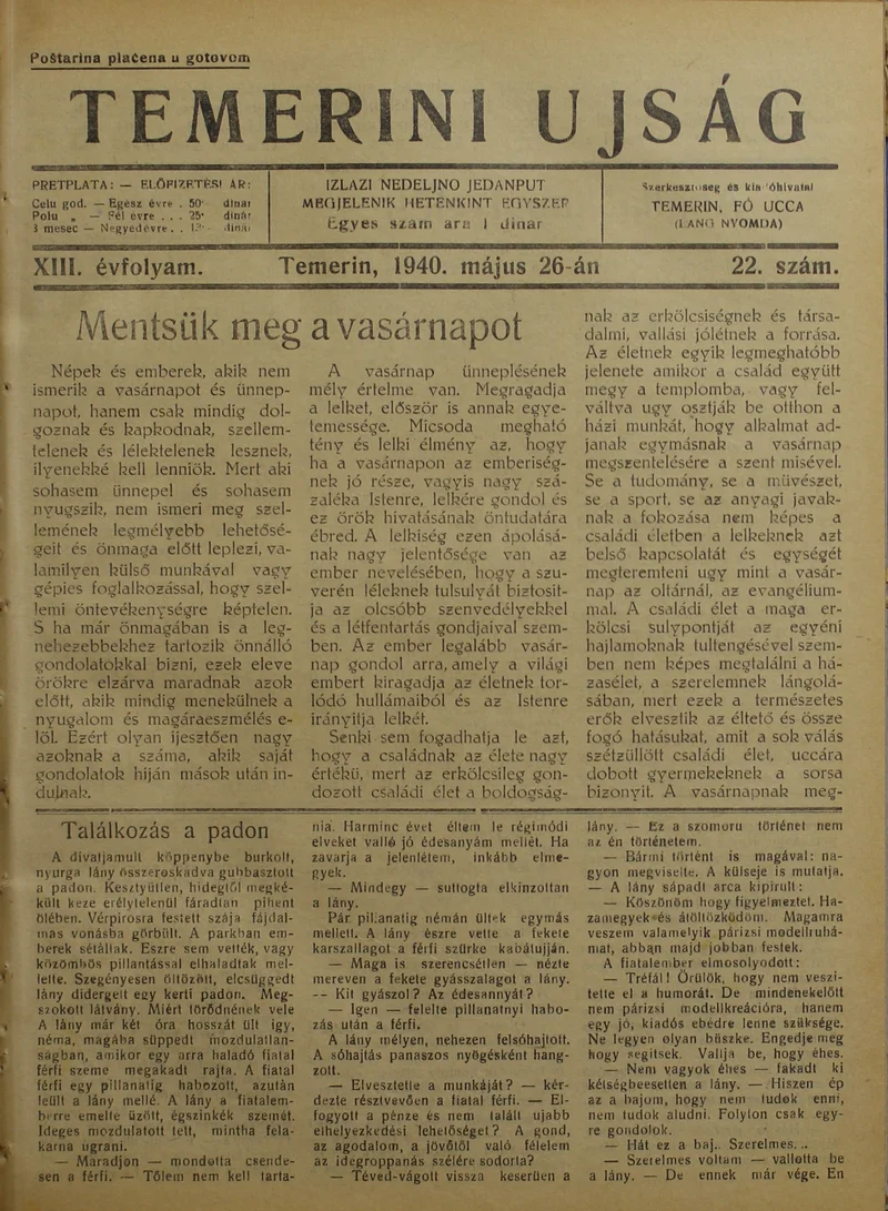 Temerini Újság 1928-1944, 13. évf. 1940. május 26. 22. sz.