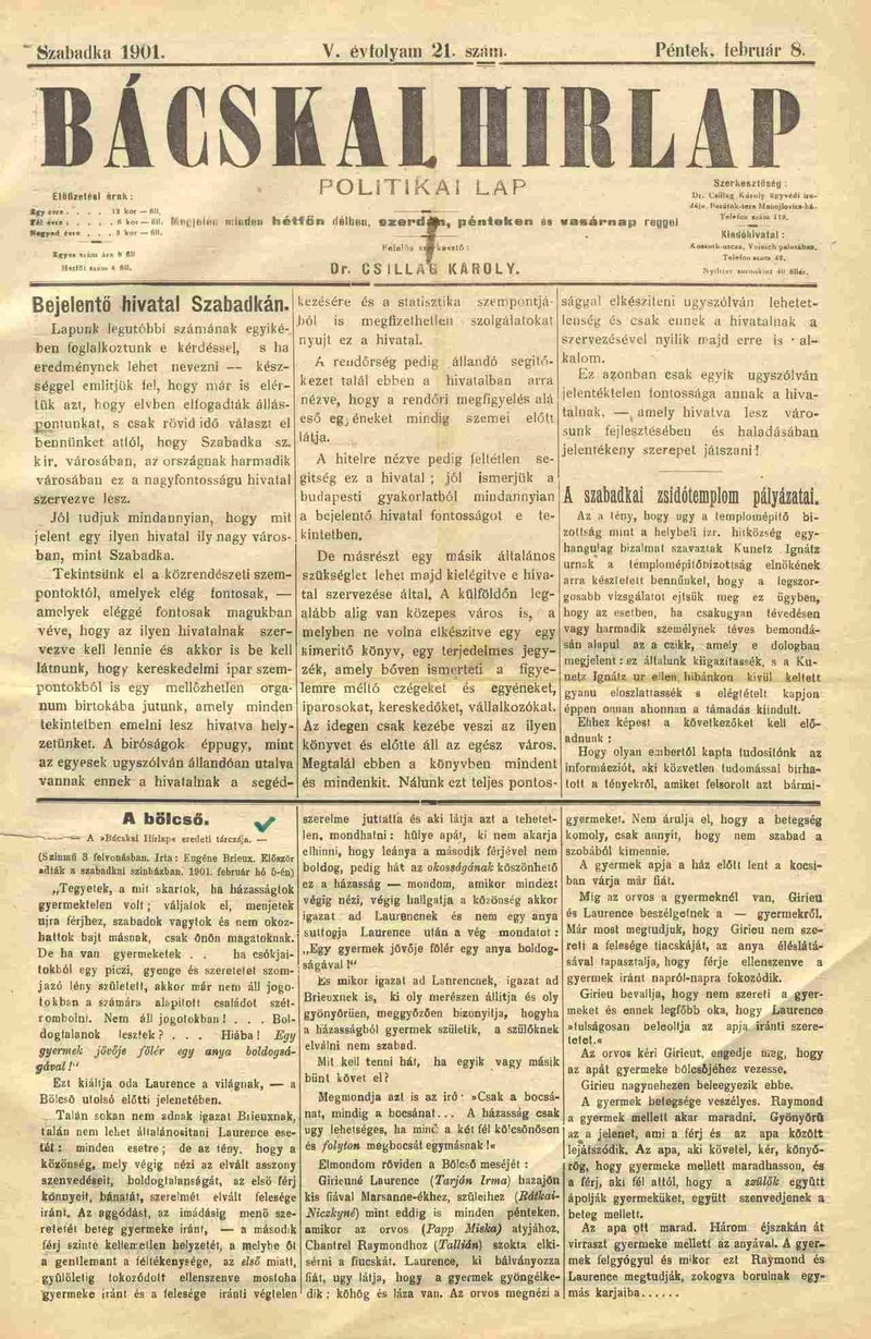 Bácskai Hirlap, 5. évf. 1901. február 8. 21. sz.