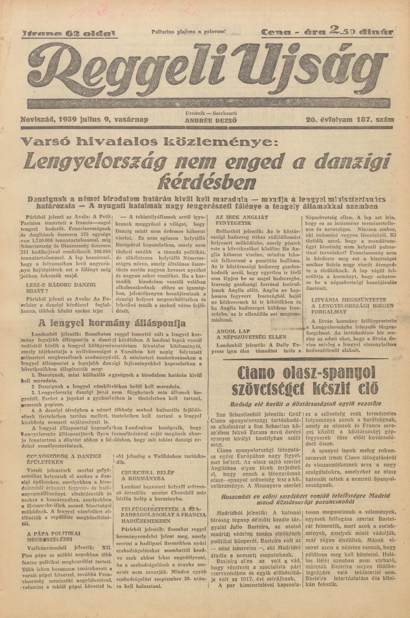 Reggeli Újság, 20. évf. 1939. július 9. 187. sz.