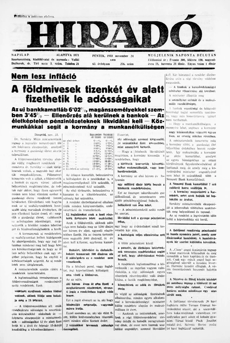 Híradó, 62. évf. 1933. november 24. 276. sz.