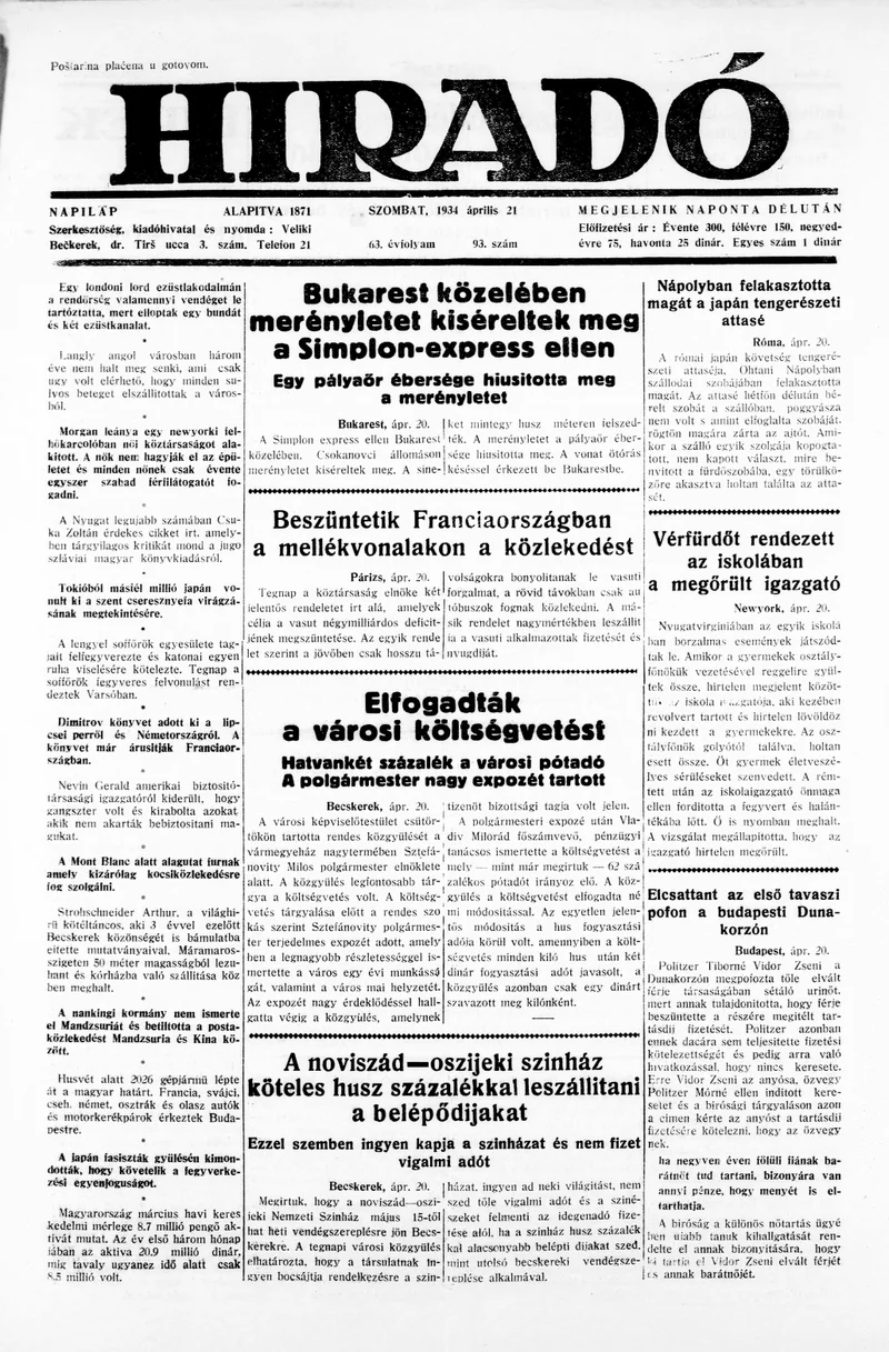 Híradó, 63. évf. 1934. április 21. 93. sz.