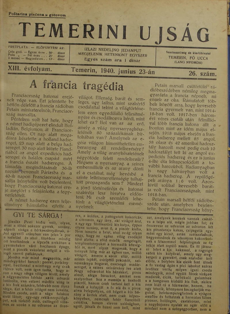 Temerini Újság 1928-1944, 13. évf. 1940. június 23. 26. sz.