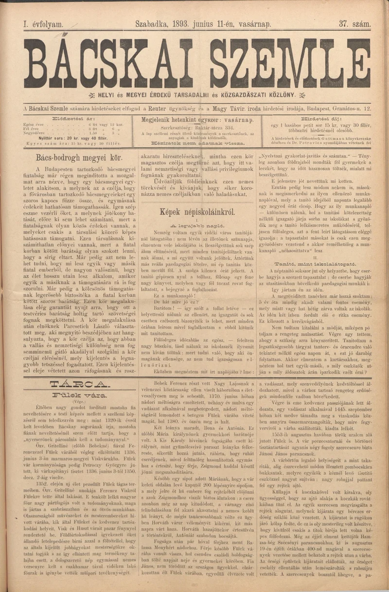Bácskai Szemle, 1. évf. 1893. június 11. 37. sz.