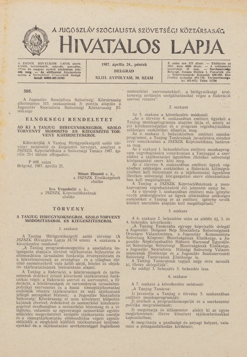 A Jugoszláv Szocialista Szövetségi Köztársaság Hivatalos Lapja, 43. évf. 1987. április 24. 30. sz. 765–784. oldal