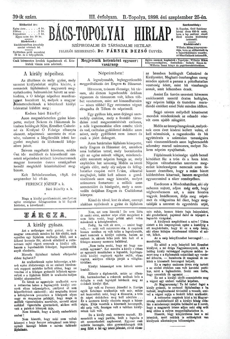 Bács-Topolyai Hirlap, 3. évf. 1898. szeptember 25. 39. sz.