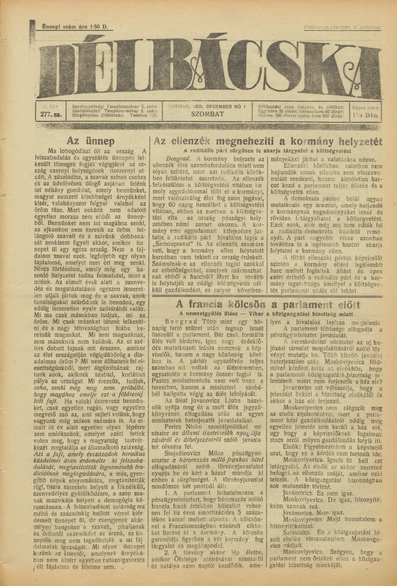 Délbácska, 4. évf. 1923. december 1. 277. sz.