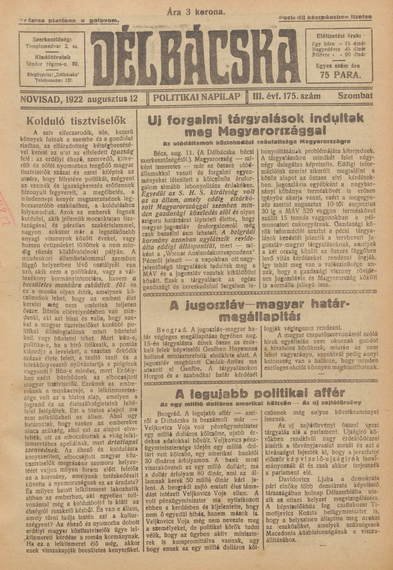 Délbácska, 3. évf. 1922. augusztus 12. 175. sz.