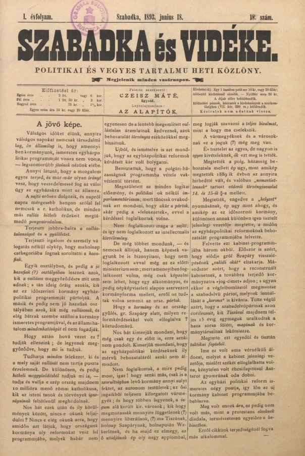 Szabadka és vidéke II, 1. évf. 1893. június 18. 18. sz.