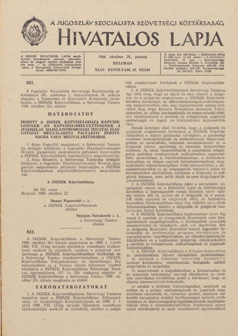 A Jugoszláv Szocialista Szövetségi Köztársaság Hivatalos Lapja, 44. évf. 1988. október 28. 63. sz. 1593–1608. oldal
