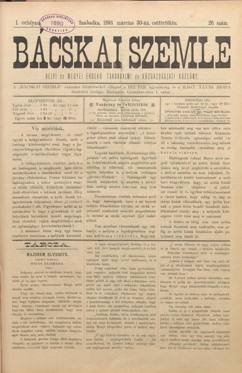 Bácskai Szemle, 1. évf. 1893. március 30. 26. sz.