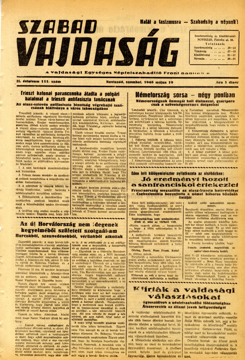 Szabad Vajdaság, 2. évf. 1945. május 19. 111. sz.