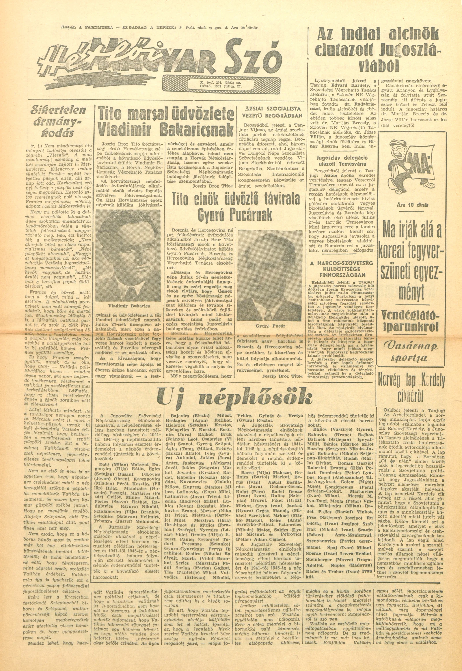 Magyar Szó, 10. évf. 1953. július 27. 204. sz. 1–8. oldal