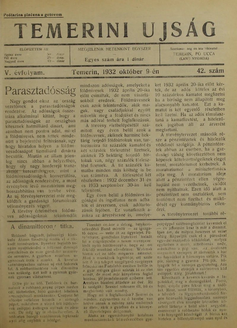 Temerini Újság 1928-1944, 5. évf. 1932. október 9. 42. sz.