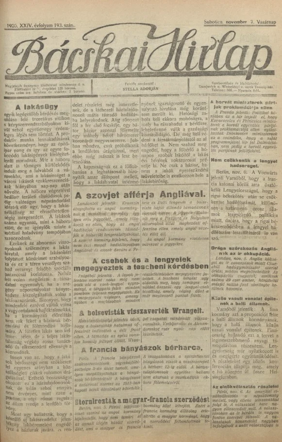 Bácskai Hirlap, 24. évf. 1920. november 7. 193. sz.